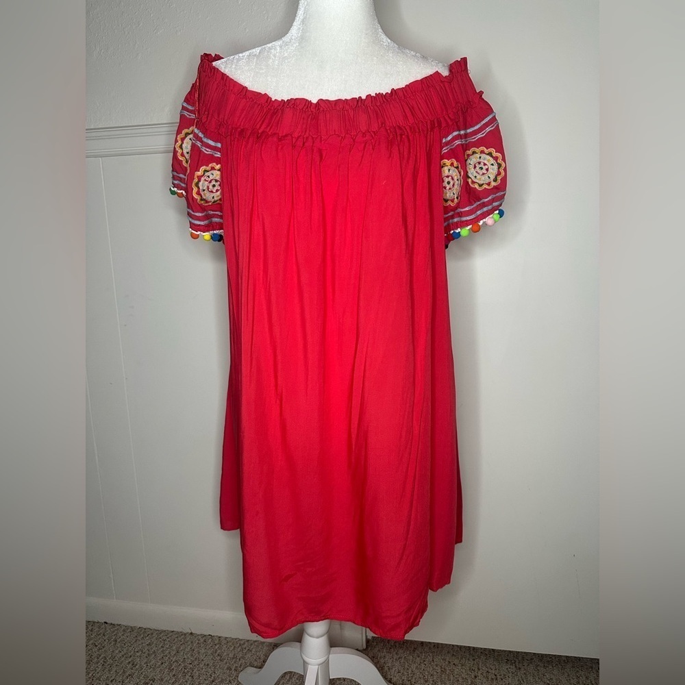 Entro Red Off-Shoulder Dress with Embroidered Sleeves size L